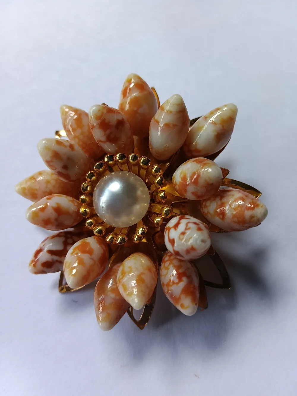 ​Mid-Century Seashell Cluster Brooch, Faux Pearl Accent Flower Pin